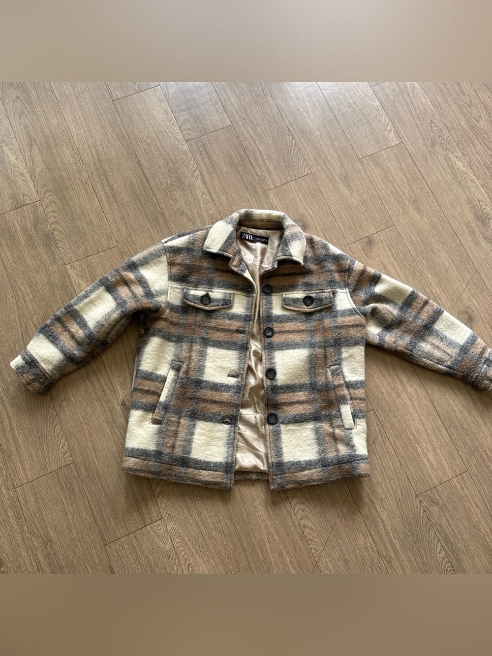 Zara Cream, Brown & Gray Plaid Wool-Blend Shirt Jacket